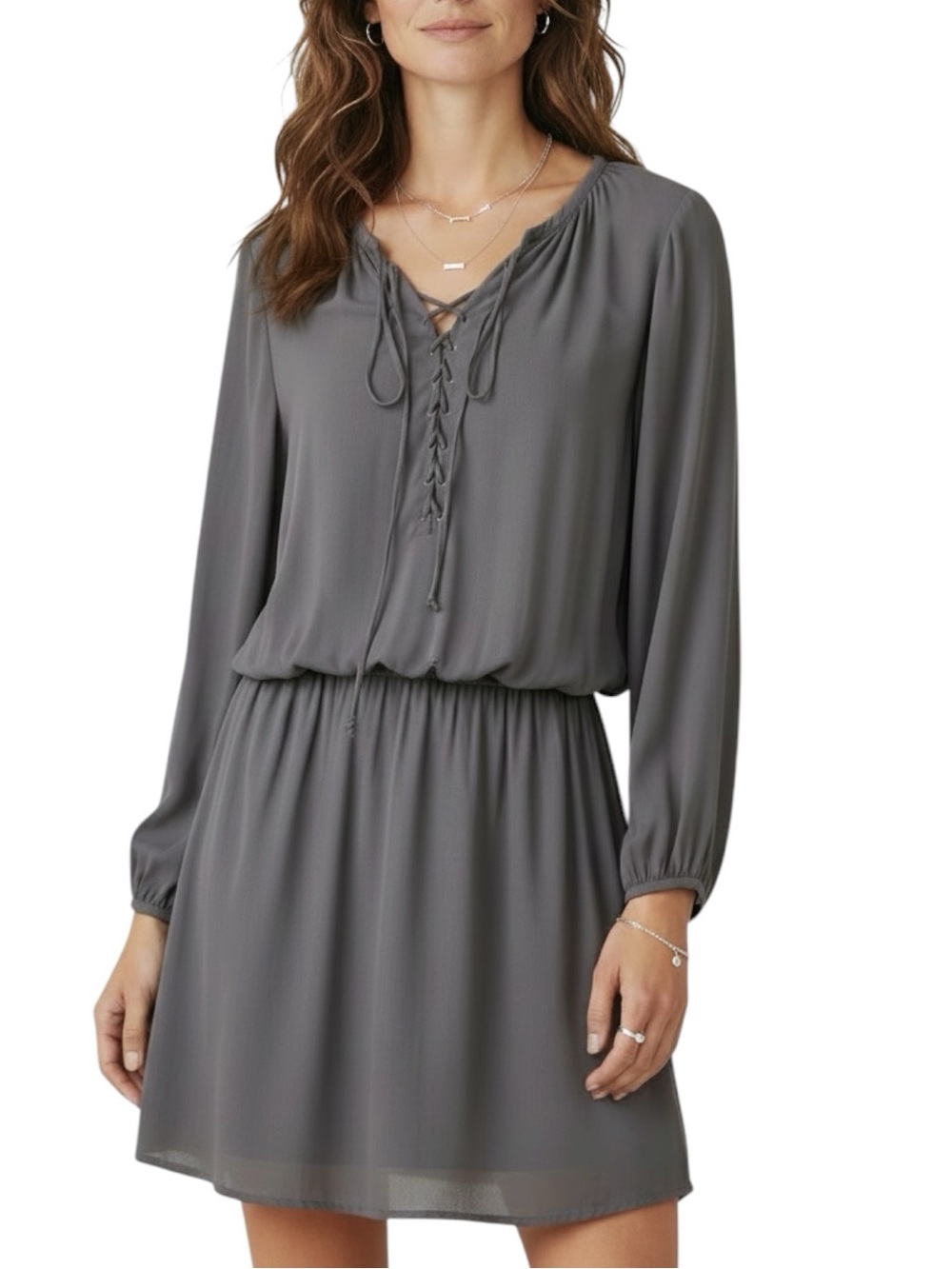 NWT RAMY BROOK Allie Gray Long Sleeve Ruched Lace Up Mini Dress Size X-Small